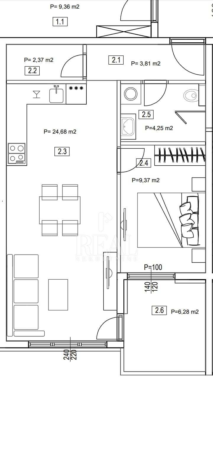 2 rooms, Apartment, 51m², 3 Floor
