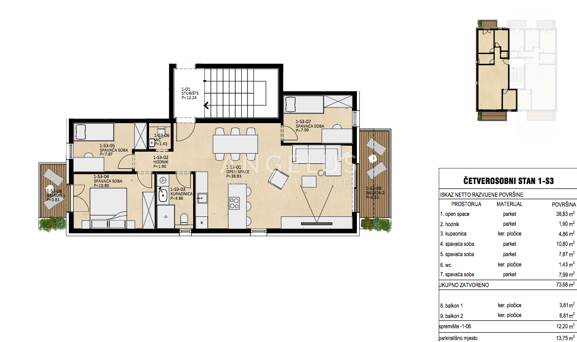 4 rooms, Apartment, 85m², 1 Floor