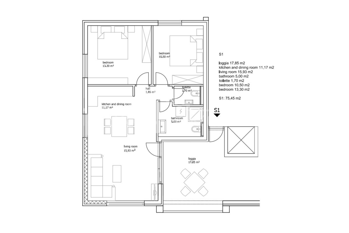 2 rooms, Apartment, 77m², 1 Floor