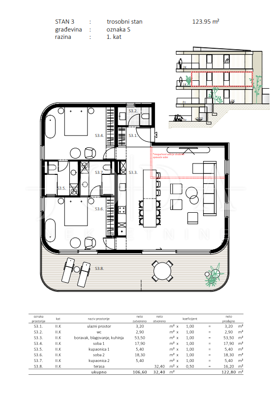 3-Zi., Wohnung, 123m², 1 Etage