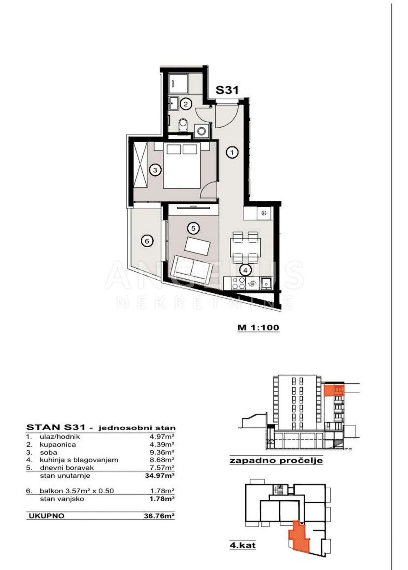 2-Zi., Wohnung, 37m², 4 Etage